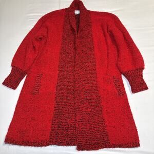 VTG Sideffects Red Black Oversized Mid Length Nubby Knit Cardigan Sweater M EUC
